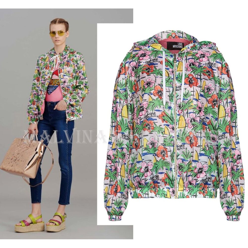 LOVE MOSCHINO JACKET HAWAIIAN PRINT TECHNO WINDBREAKER HOODED sz IT 40 US 4